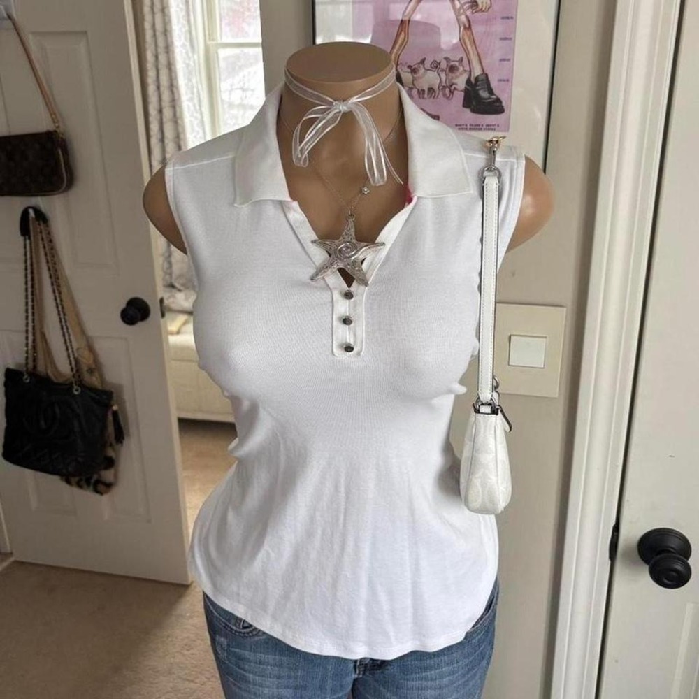 Y2k 2000s minimalist preppy White Sleeveless Polo Top